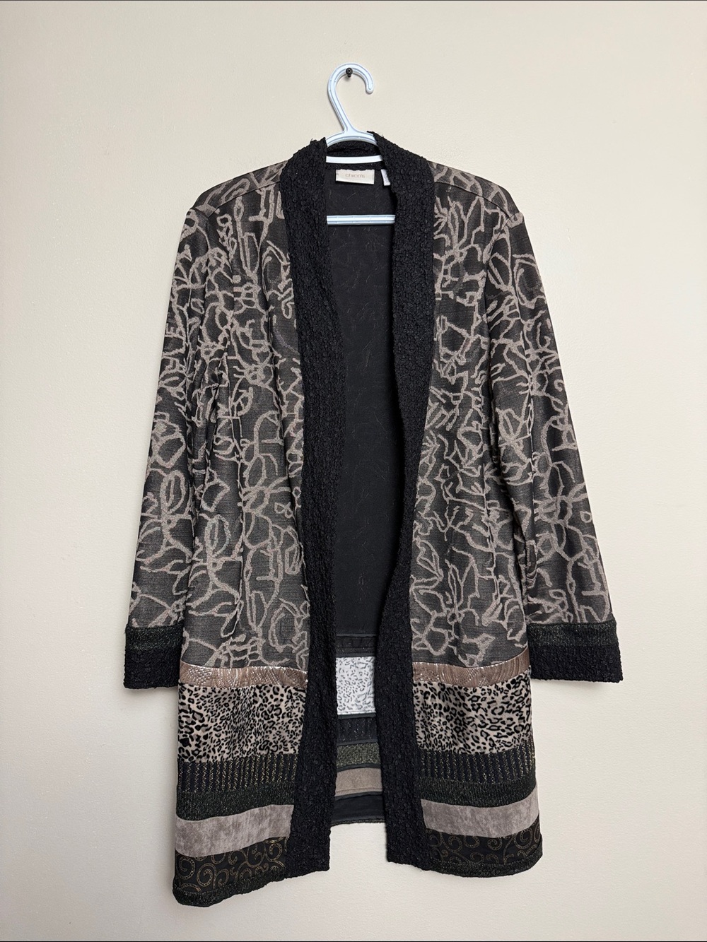 Chico's Black and Taupe Patterned Open-Front Cardigan size 2